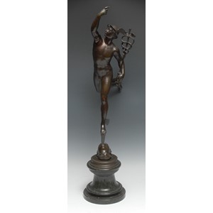 After Giambologna (19th century), a brown patinated bronze, Mercury, waisted serpentine base, 69cm high
