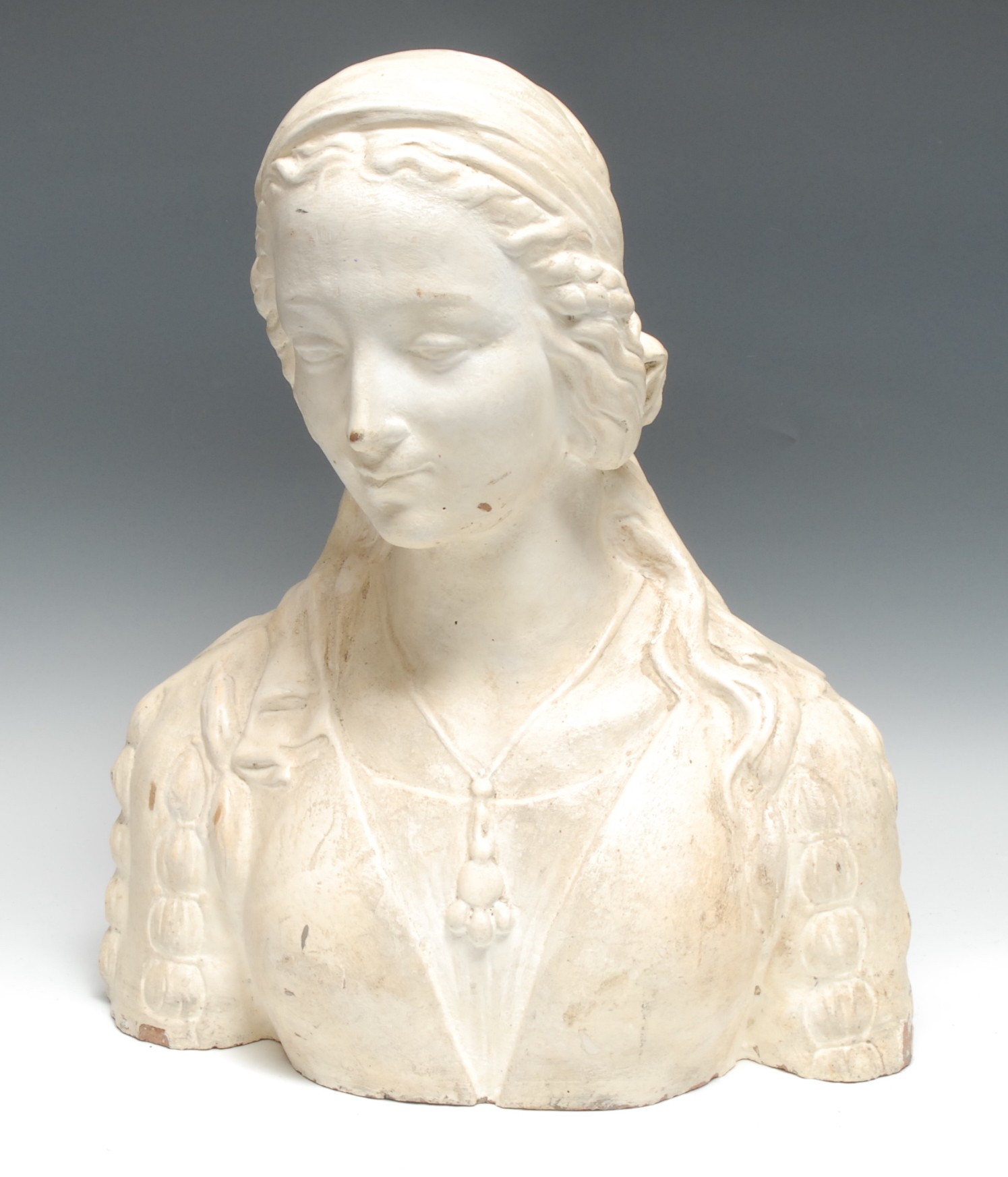 A 19th century terracotta library bust, of a Renaissance lady, 50cm high