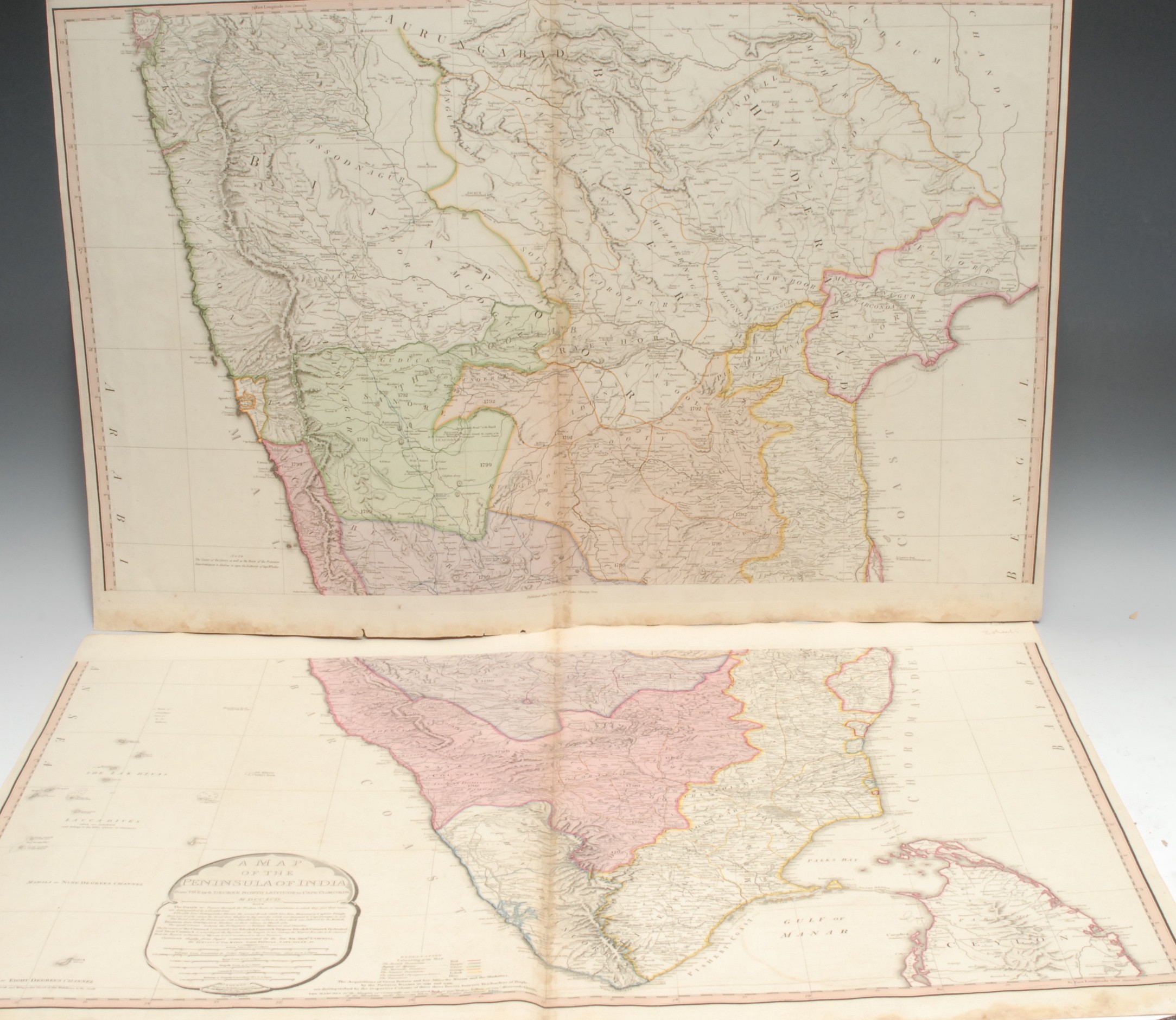 Cartography, Asia - Benjamin Baker (1766-1841), after William Faden (1749-1836), A Map of the Peninsula of India/ from The 19th Degree North Latitude to Cape Comorin, on two sheets, third edition, London: 1800, two-fold engraving, contemporary hand-colouring, each sheet 57cm x 84cm, (2); The Bay of Bengal, London: J.W. Norie & Co., 1831, two-fold monochrome engraving, 96.5cm x 65.5cm, (1); etc., [6]