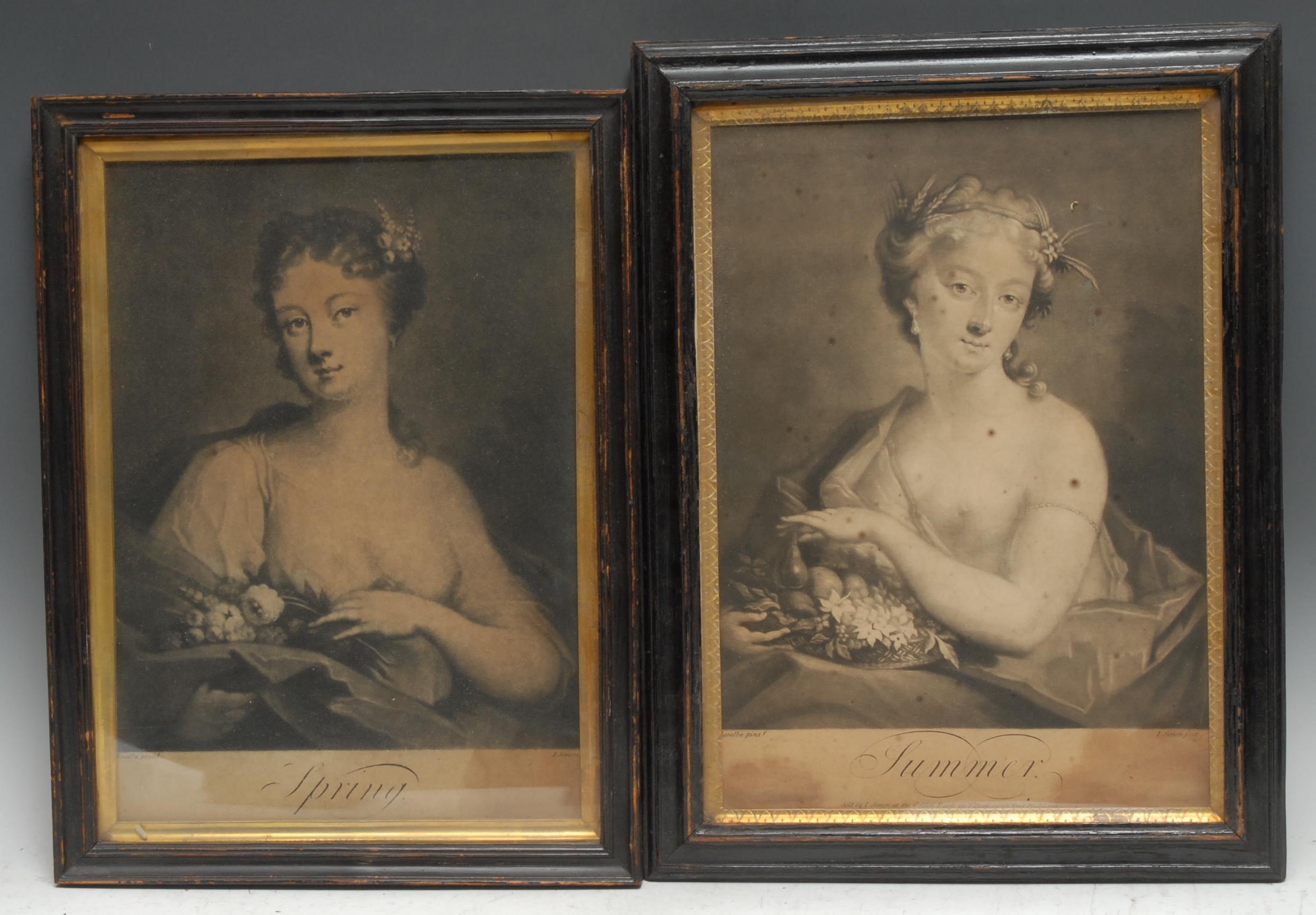 John Simon (1675-1755), after Rosalba Carriera (1673-1757), The Seasons, comprising Summer, Autumn, and Winter, mixed unlettered and lettered impressions, [London: n.d., 18th century], monochrome mezzotint engravings, 34.5cm x 24cm, mounted en suite, (3); matched print of Spring from the same series, late 19th/early 20th century restrike, 34cm x 24cm, framed, (1), [4]