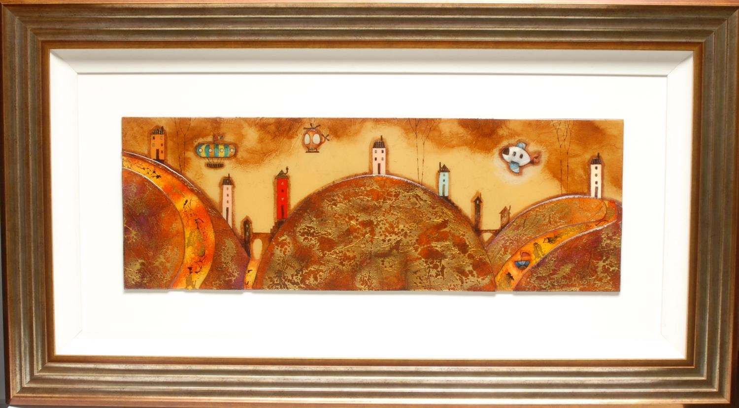 Kerry Darlington Air Travel signed, paper label to verso, mixed media, acrylic and resin, 28cm x 81cm, certificate