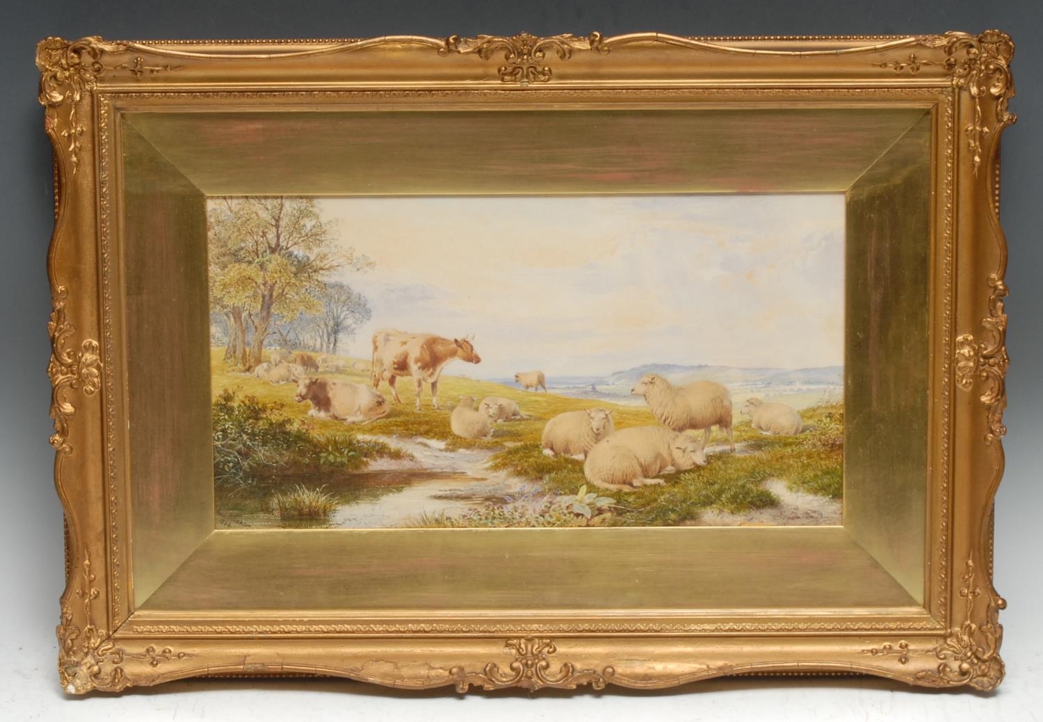 Frederick (Fred) Williamson (1835-1900) Cattle and Sheep Resting signed, dated 1866, watercolour, 20.5cm x 38.5cm