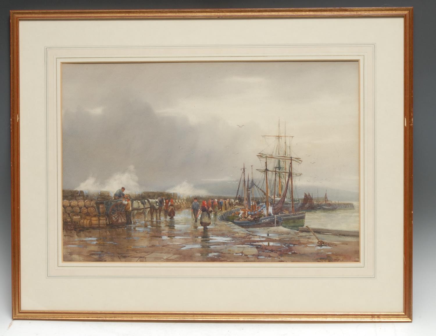 English School (late 19th century) Fishing Boats along a busy pier indistinctly signed, watercolour, 34cm x 52cm