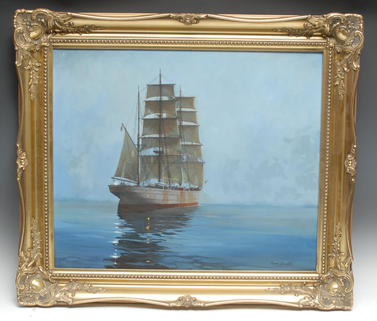 James Brereton Mist Ahead (The Barque Adventure) signed, dated 1979, oil on canvas, 49cm x 60cm