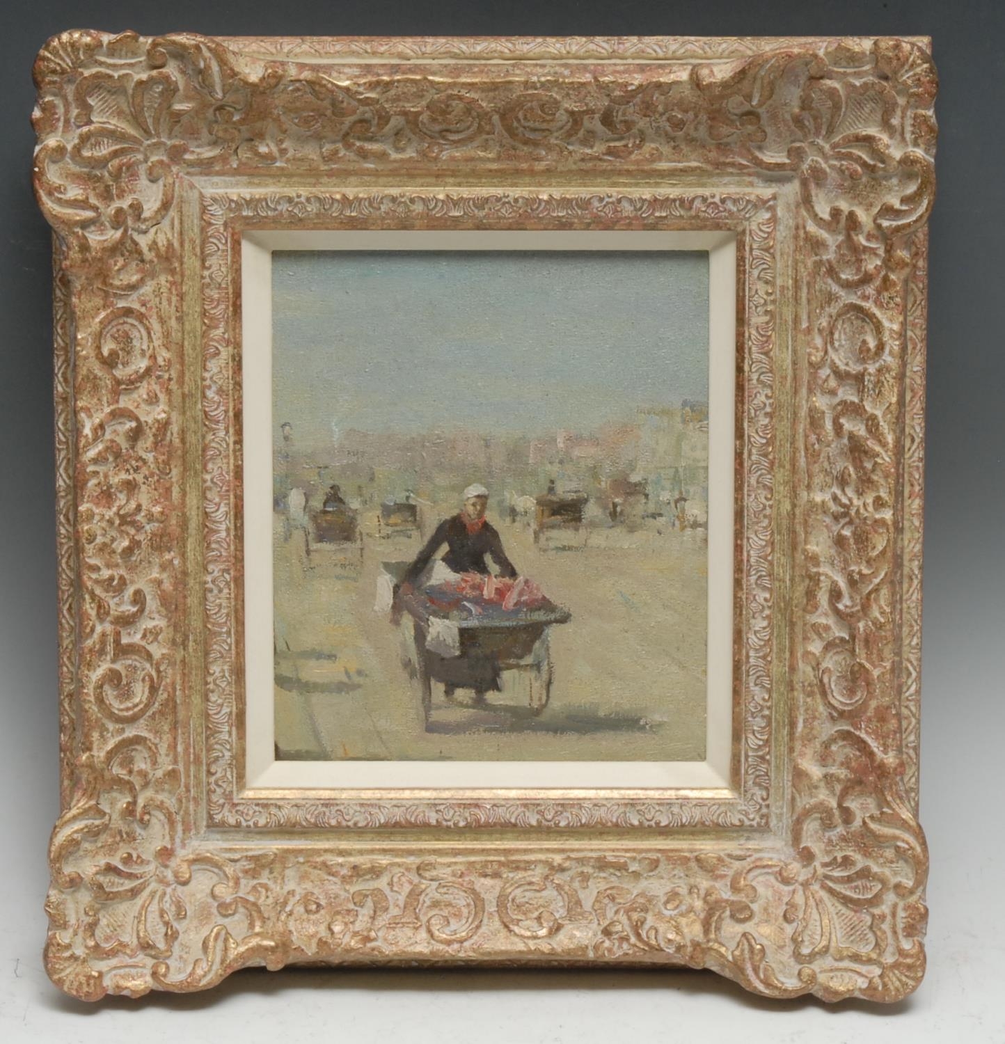 French School (early 20th century) Street Vendor with Cart oil on board, 20cm x 17cm