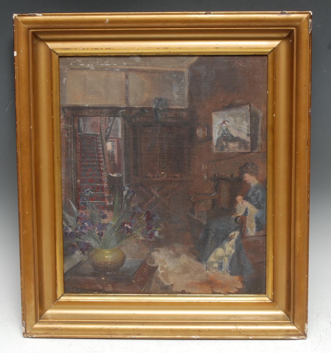 Irish School Impressionist Interior,  with lady and dog indistinctly signed, oil on canvas, 34cm x 29.5cm
