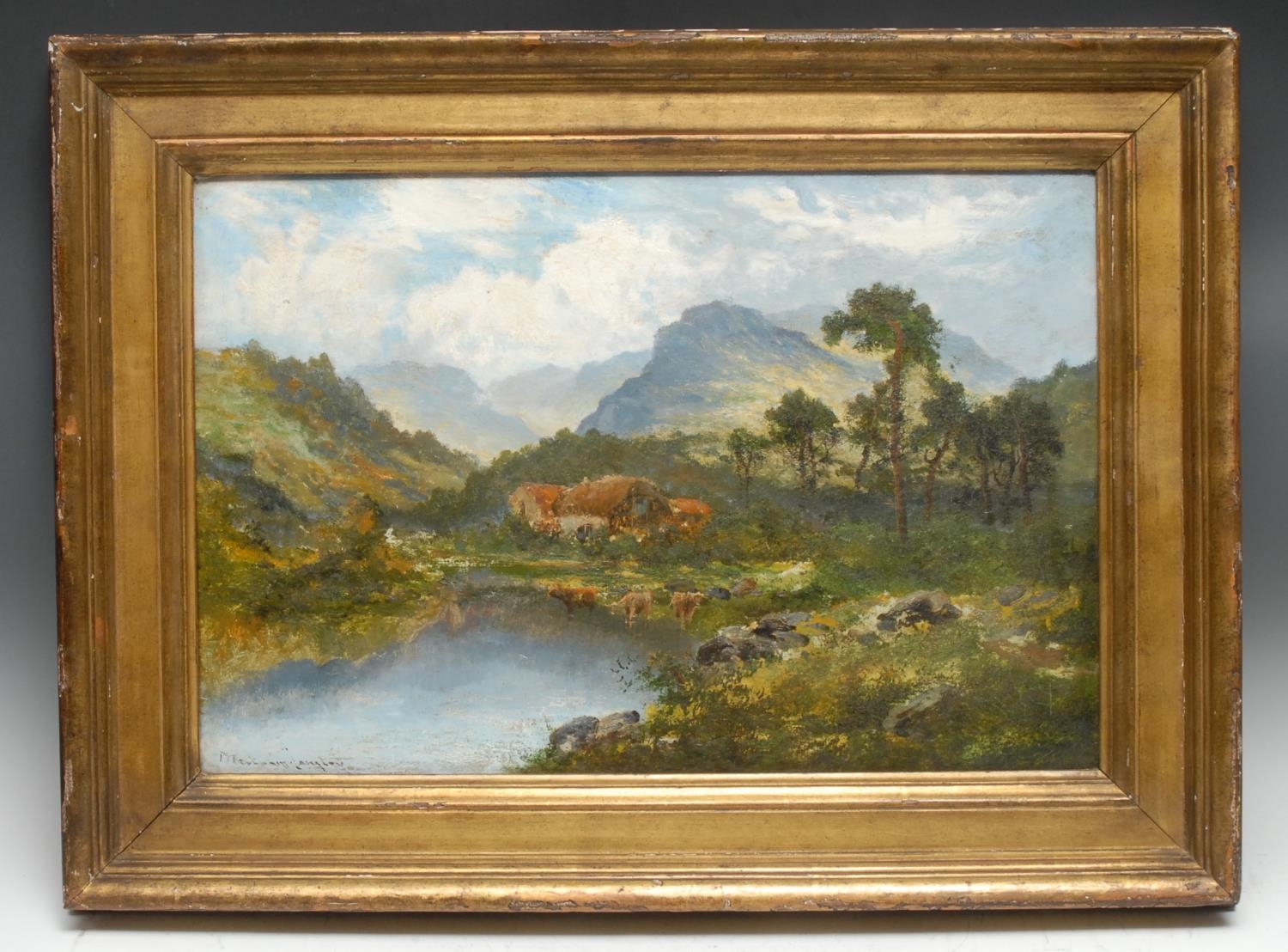 William Langley (active 1880 - 1920) Cattle Watering  signed, oil on canvas, 40cm x 59cm