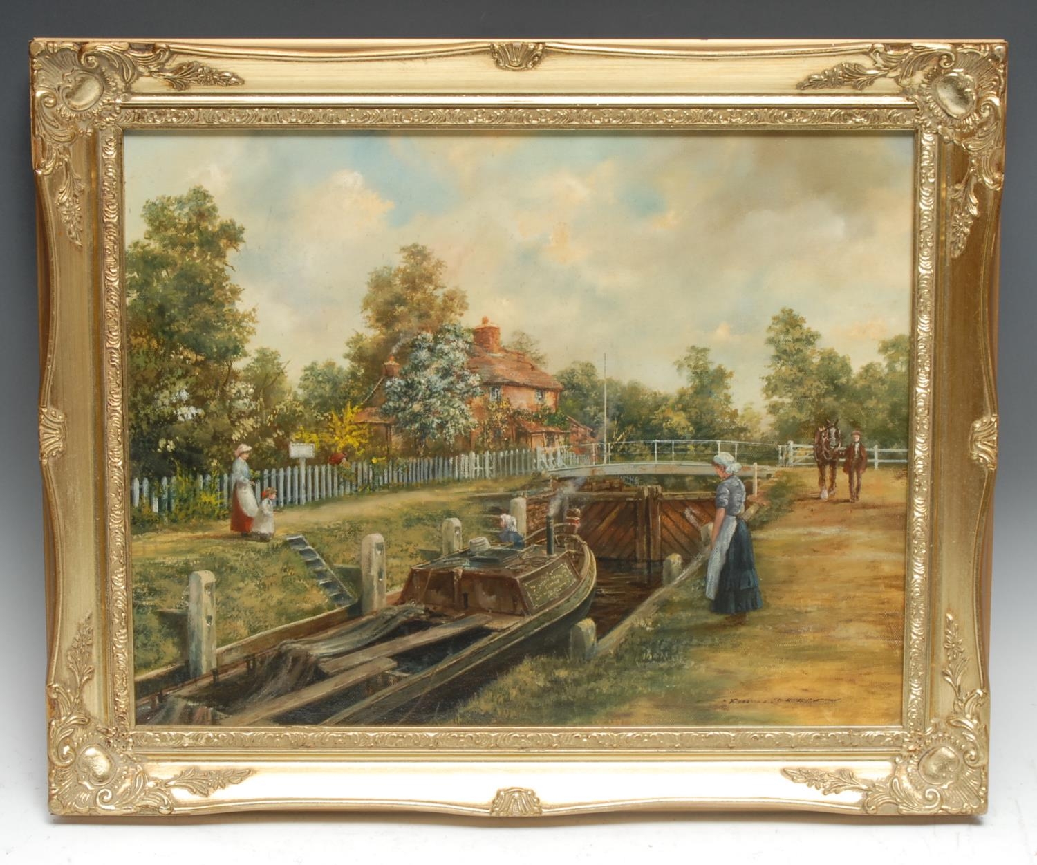 Roderick Lovesey Canal Lock signed, oil on canvas,34cm x 44cm