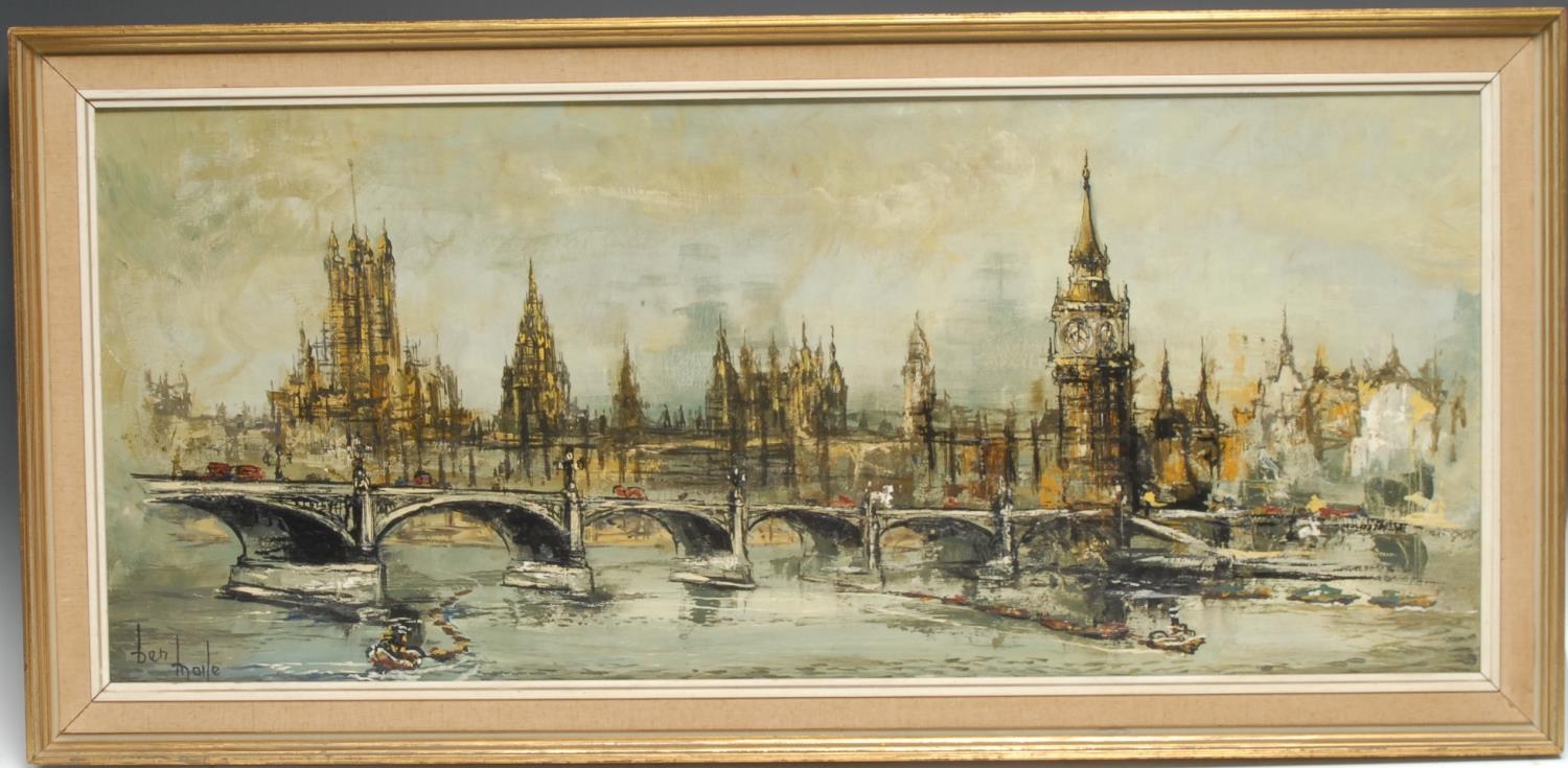 Ben Maile (1922-2017) The House of Parliament from the River Thames signed, oil on board, 36cm x 86cm
