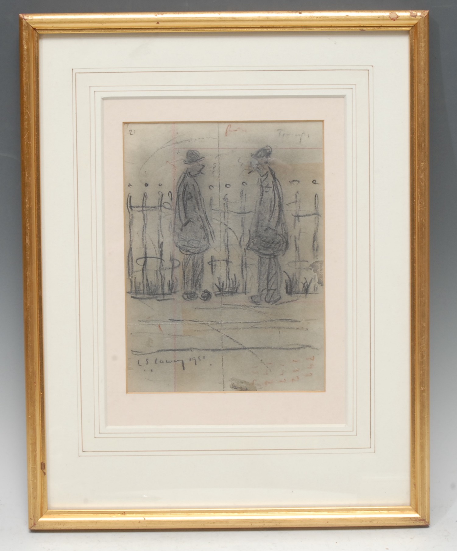 After Lowry Two Figures bears signature, charcoal on paper, 19cm x 14cm