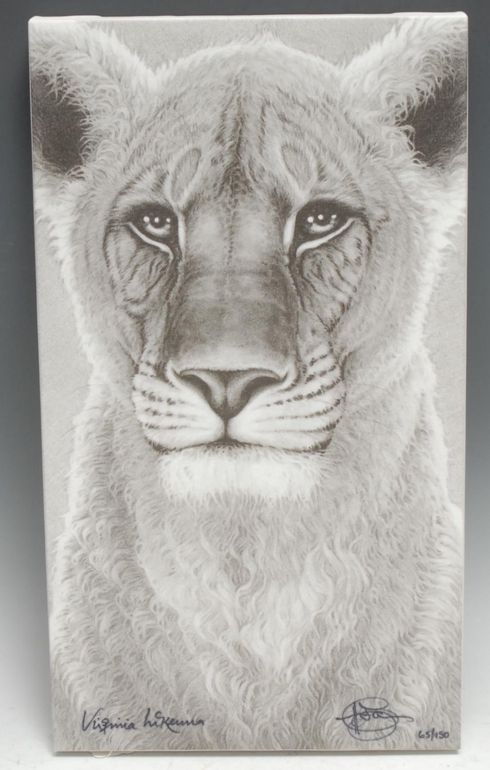 Gary Hodges Wildlife Artist (1954- ), by and after, The Spirit of Elsa, monochrome print on canvas, signed by artist, signed by Virginia McKenna, 43cm x 25cm, To Commemorate The Born Free Foundation 21st Anniversary, limited edition 65/150