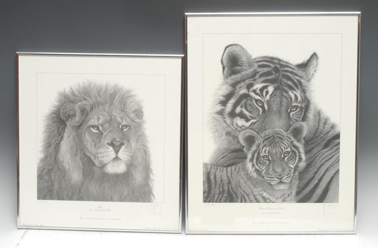 Gary Hodges Wildlife Artist (1954- ), by and after, Bengal Tigress and Cub, monochrome print, signed in pencil, 46cm x 35cm, limited edition 324/850;  another, Lion, 37.5cm x 34cm, 654/857 (2)