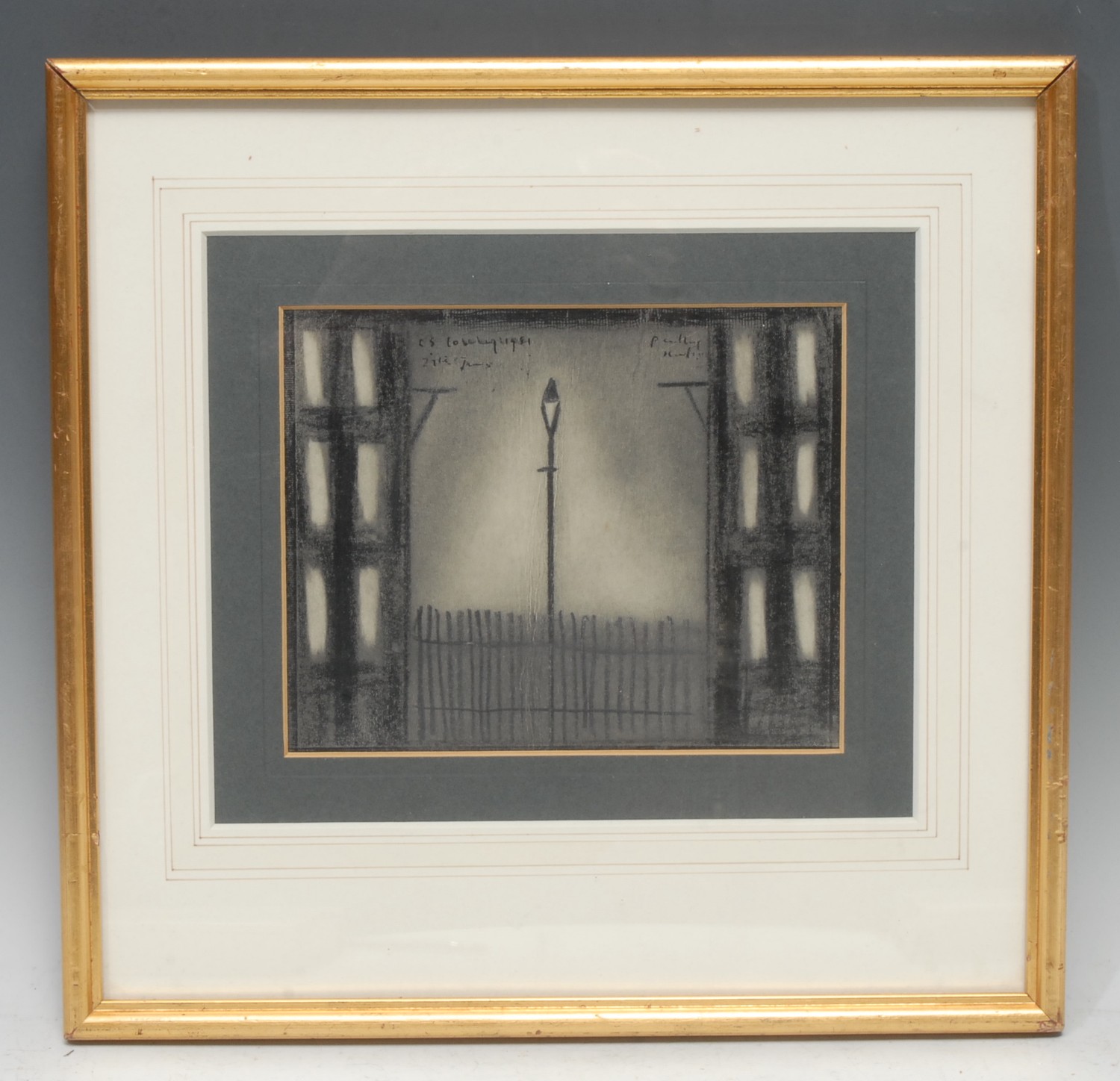 After Lowry Two Figures bears signature, mixed media on paper, 15.5cm x 19cm