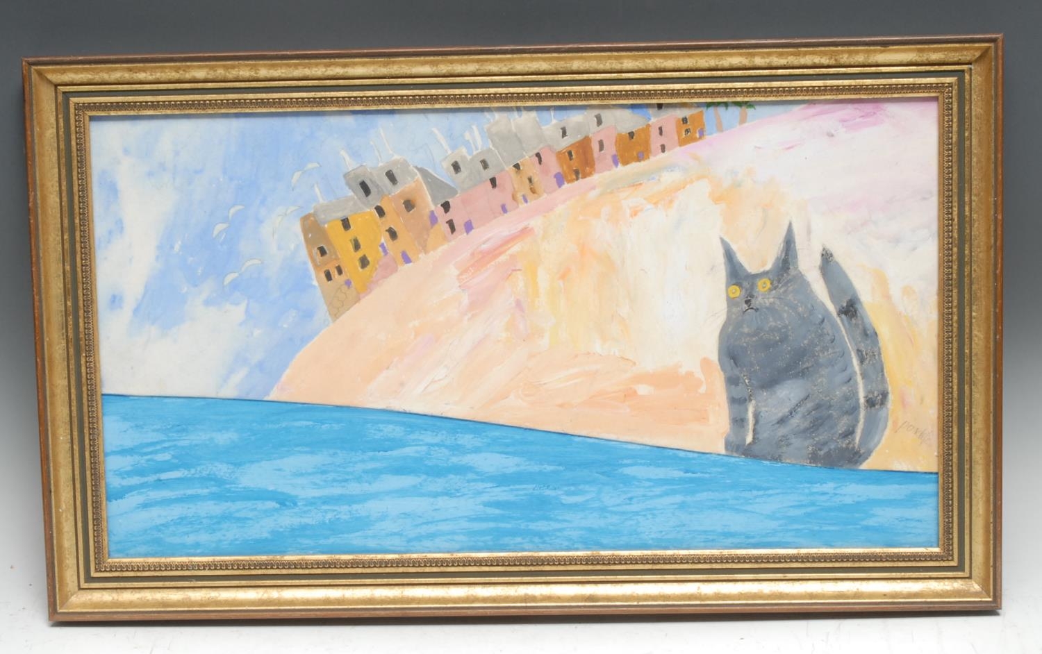 Ponckle Fletcher (1934-2012) The Cat,  Cornwall signed, mixed medium, 29.5cm x 54cm