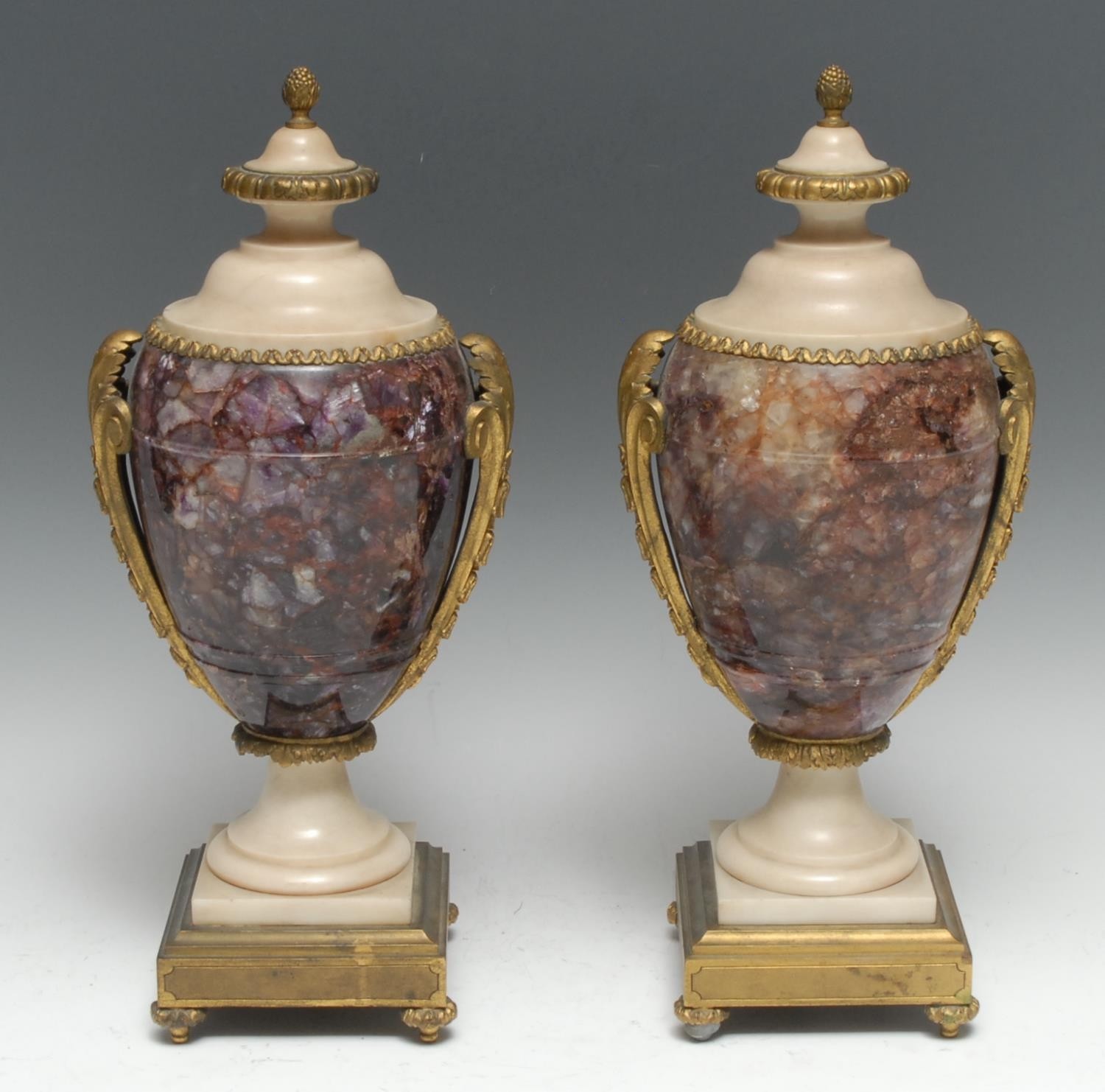 A pair of 19th century ormolu mounted Derbyshire Blue John and alabaster ovoid pedestal urns, bud finials, waisted socle, square base, the fittings cast with scrolling acanthus, bun feet, 33cm high