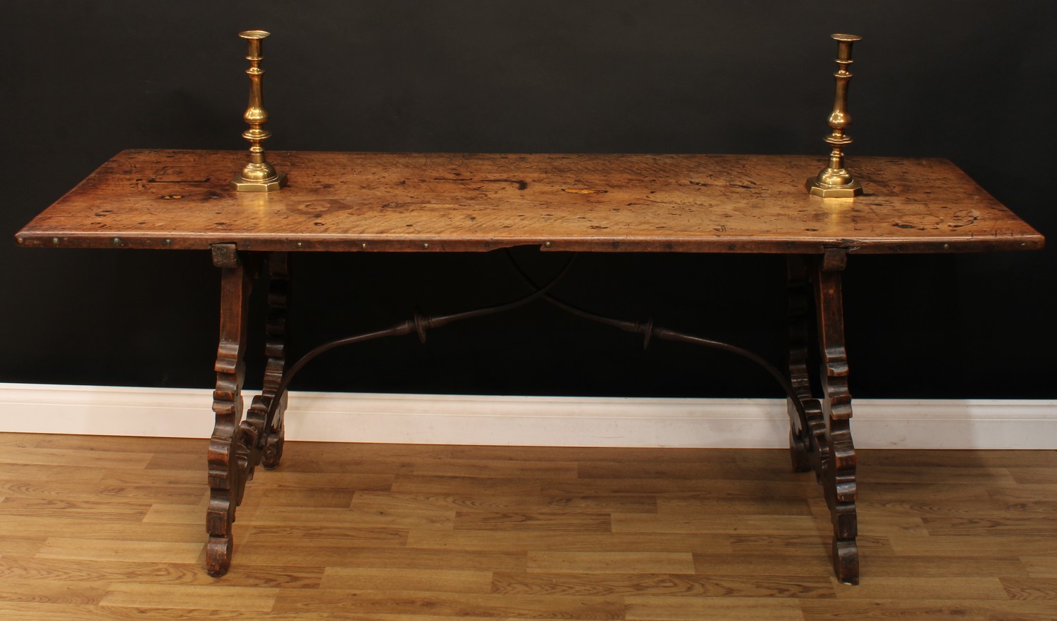 A Spanish Baroque Revival refectory dining table, rectangular top, shaped legs, iron stretchers, 73cm high, 184cm long, 63cm wide