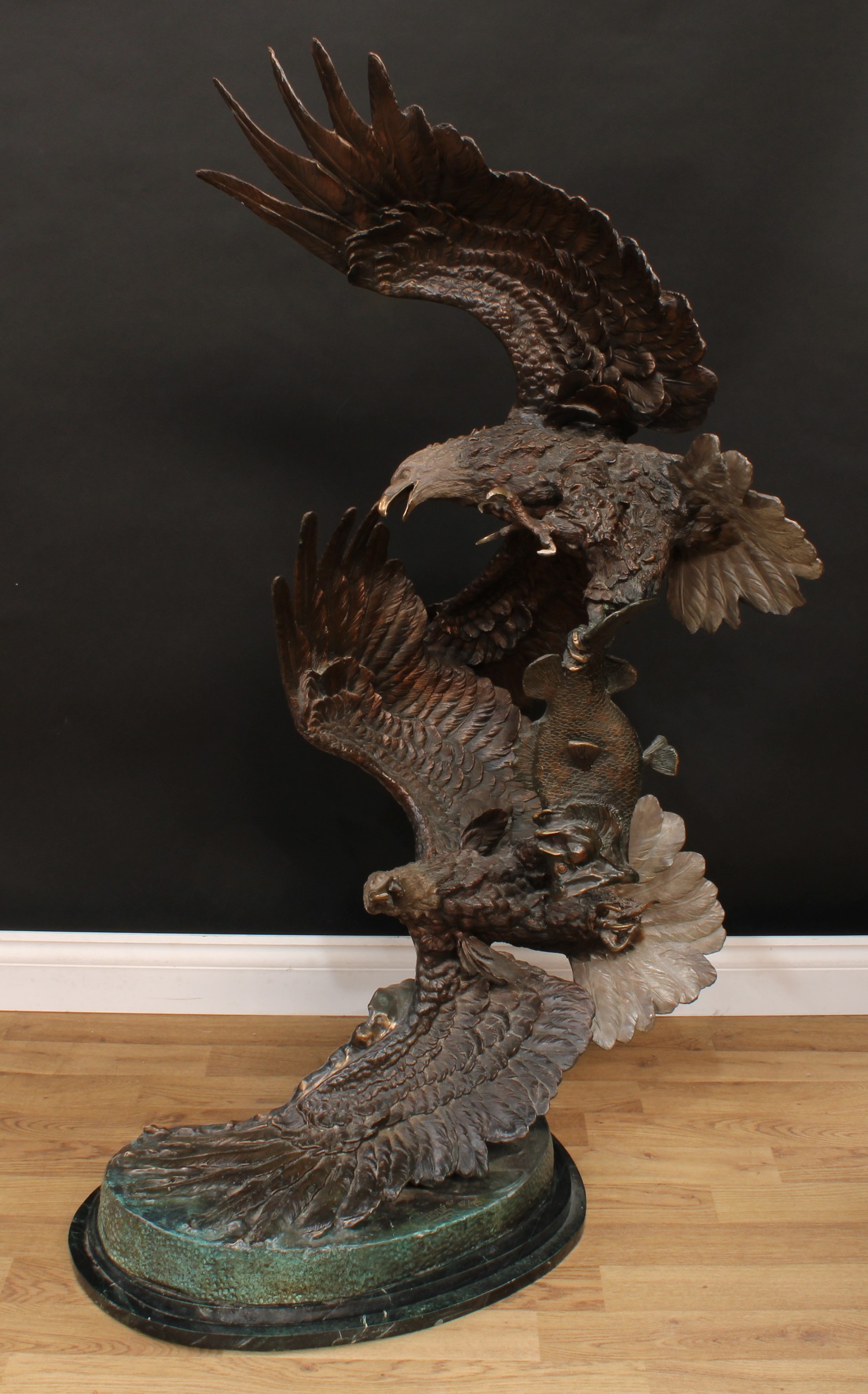 Ed Chope (American, 20th century), a floor standing verdigris and brown patinated bronze, Survival, signed in the maquette, artist's proof/75, marble base, 133cm high