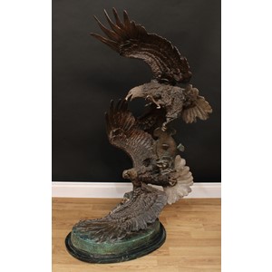 Ed Chope (American, 20th century), a floor standing verdigris and brown patinated bronze, Survival, signed in the maquette, artist's proof/75, marble base, 133cm high