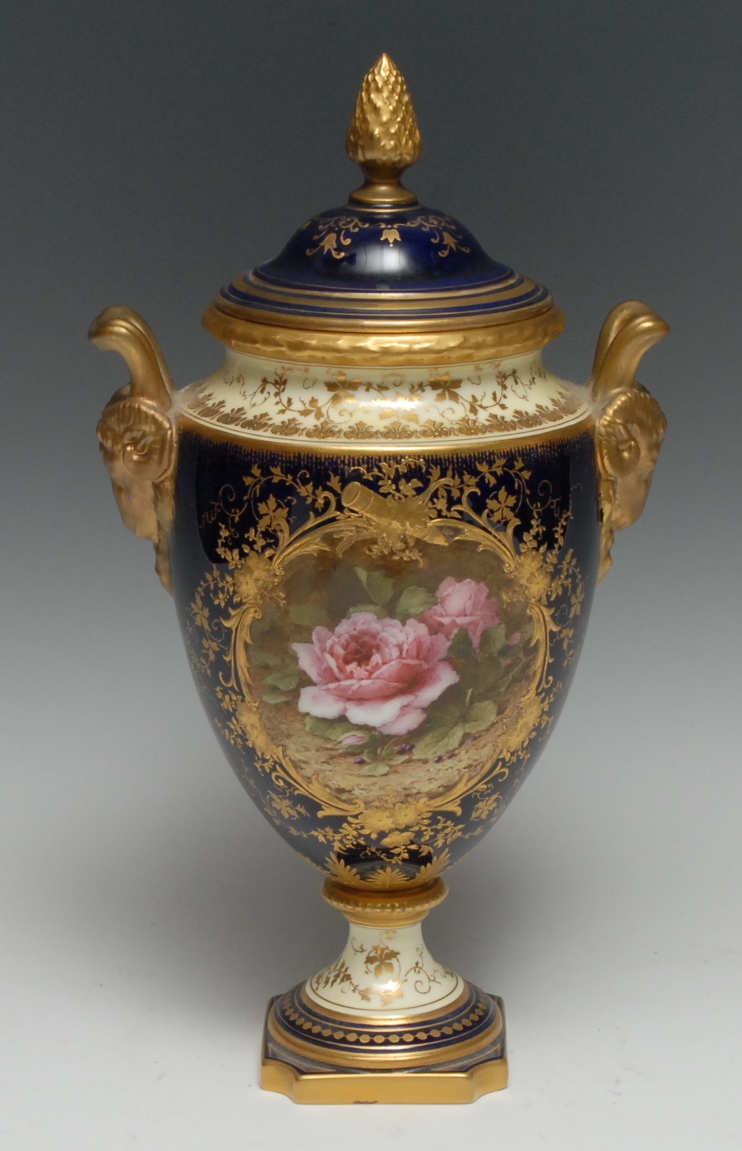 A Coalport two handled pedestal ovoid vase and cover, painted by Frederick Herbert Chivers, signed with pink roses, withing a raised gilded cartouche, on a cobalt blue and lemon ground, gilt rams' mask handles, domed cover, bud finial, 30cm high, printed mark
