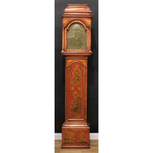 A George II Japanned longcase clock, 31cm arched brass dial inscribed with Roman numerals, sun-in-splendour to arch, twin winding holes, eight day movement striking on a bell, the pagoda top case decorated after Chinese lacquer on a red ground, 235cm high