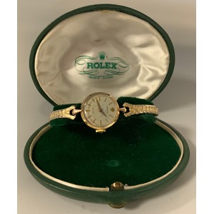 Rolex  - a Ladies Precision 9ct gold cased bracelet wristwatch , textured dial, block baton markers, manual 130 cal movement, 9ct gold case, serial No 10890, London 1960, associated bracelet, original green leather case