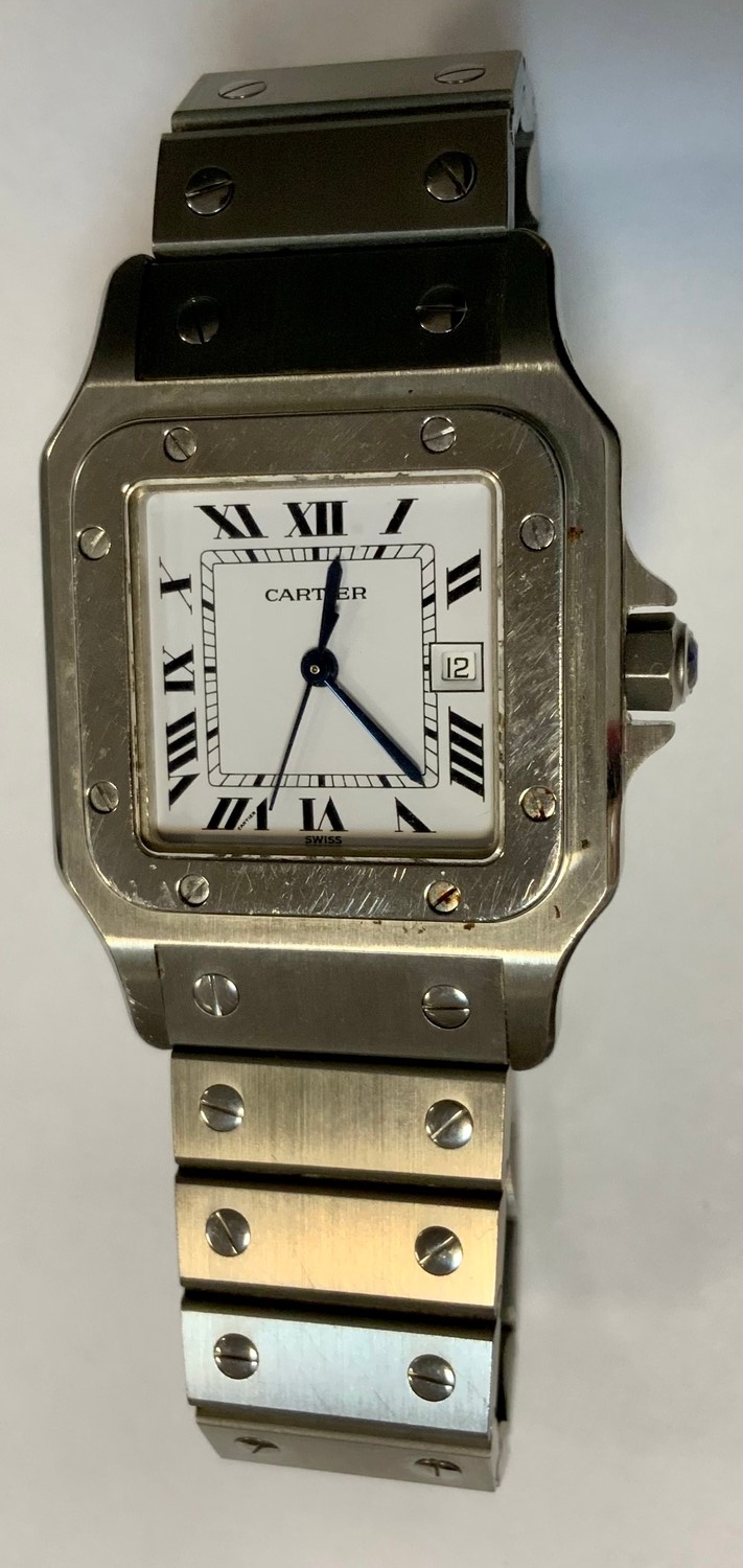 Cartier  - a unisex automatic wristwatch, white square dial, bold Roman numerals, minute track, date aperture, blued hands, centre seconds, stainless steel case and bracelet, serial No 296002748, automatic movement, case 29mm wide.
