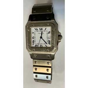 Cartier  - a unisex automatic wristwatch, white square dial, bold Roman numerals, minute track, date aperture, blued hands, centre seconds, stainless steel case and bracelet, serial No 296002748, automatic movement, case 29mm wide.