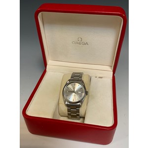 Omega - a Gentleman's Seamaster 150 Aqua Terra stainless steel bracelet wristwatch, brushed silver dial, rhomboid baton markers,  centre seconds, date aperture, 1538 quartz movement, 898 brushed steel bracelet, Ref 25173000, boxed with Warranty cards.