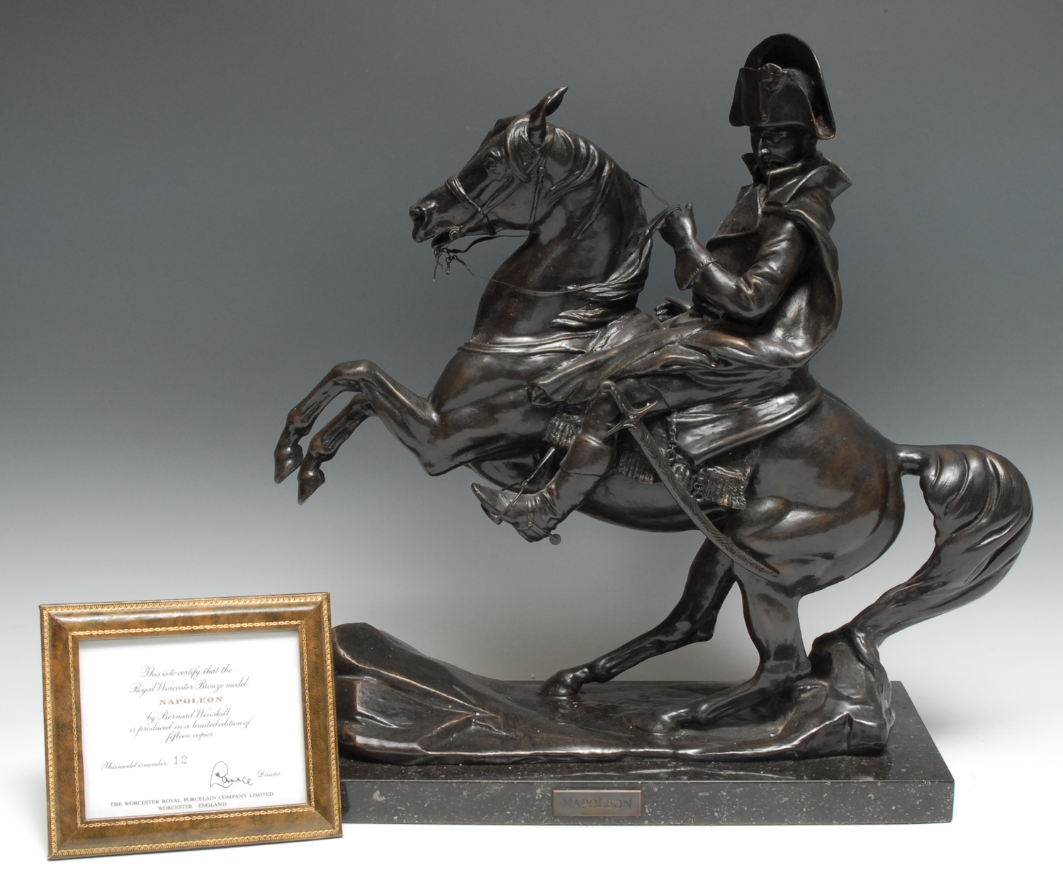 A large Royal Worcester bronze model, by Bernard Winskill, Napoleon, on a rearing horse, 41cm high, certificate, limited edition 12/15, original packing crate