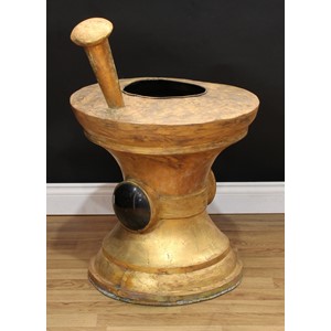 A large 19th century copper chemist's advertising apothecary shop sign, as an oversize pharmaceutical pestle and mortar, the side set with lenses to hold a lamp, gilt finish, 89cm high