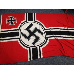 WW2 Third Reich Kreigsmarine Reichkreigsflagge size 200cm x 335cm. This size would have been for a Destroyer or a Cruiser. Well marked with KM acceptance stamp of Eagle over M, maker marked. Has veterans name written in black ink.