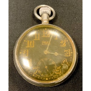 WW2 'Military' style private purchase Rolex A10030 open faced pocket watch, black enamel dial gold outlined Arabic numerals, subsidiary second dial, Rolex 15 rubies movement, signed Rolex and marked 066, the screw case back marked inside 'Rolex, 31 Records Universels, Geneve Suisse’. The reverse of the case is plain.