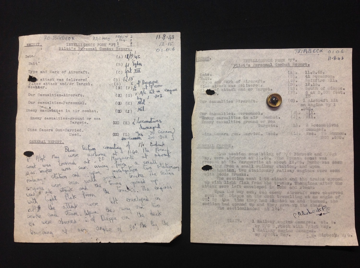WW2 RAF Rare Intelligence Form F, Pilots Personal Combat report lot comprising of the original handwritten report along with the typed transcript. 11/8/1943 Spitfire operation over France with 41 Squadron. Along with the pilots Escape and Evasion Compass.