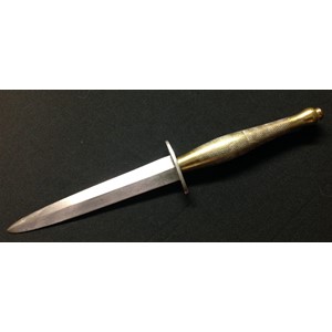 WW2 British 2nd pattern Fairbairn Sykes Fighting Knife with unmarked double edged blade, 145mm in length which has been heavily sharpened. No makers mark. Brass grip. Unmarked crossguard. Overall length 273mm. No scabbard.
