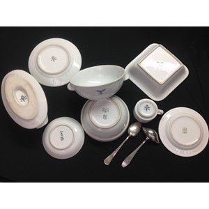 WW2 Third Reich Luftwaffe, Kreigsmarine and DAF dinnerware, eight items, plus two items of Kreigsmarine cuttlery.