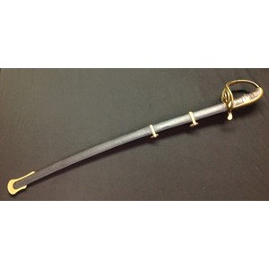 Enfield made Sword with single edged fullered blade 765mm in length. Spine of blade marked "Enfield". Leather bound wooden grip. Brass Guard. Overall length 910mm. Complete with steel scabbard with twin suspension rings. Repainted black and gold.
