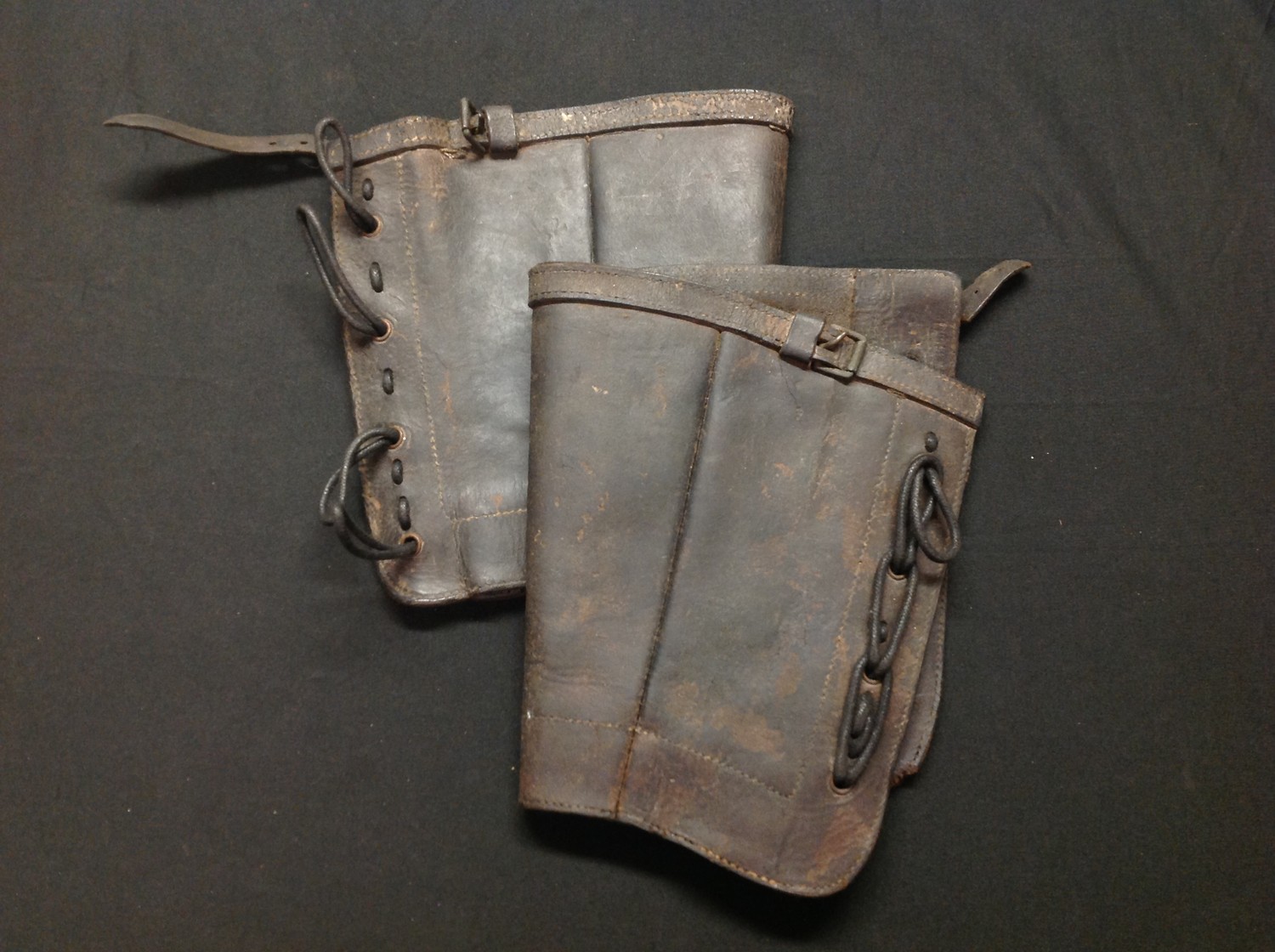 Victorian Boer War British Army Leather Gaitors dated 1892. Complete with laces. Both have unit markings stamped onto the leather "1 Yr".