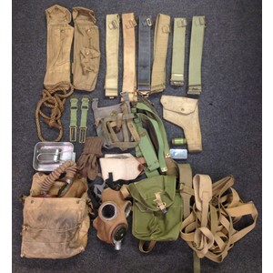 WW2 British 1937 Pattern Webbing collection comprising of: a pair of Lanchester SMG Pouches, both dated 1943 by different makers: Pistol holster dated 1942: Six 37 pattern belts (One Indian made) : two water bottle carriers, one of each pattern: two pairs of L straps: various web straps: pair of brace adapters: Toggle rope (thin rope type): Lightweight respirator bag 1944 dated: half a mess tin dated 1945: pair of woolen gloves: facepeice from a respirator: Respirator and 1938 dated bag: tin of anti dim: tin of anti - gas ointment No5. (Q)