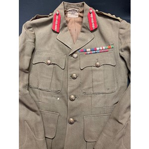 WW2 British Brigadiers Service Dress Tunic. Complete with original buttons, medals ribbons, gorget patches etc. Tailors label to neck for "Hawkes & Co".  Plus a leather document pouch containing correspondence and some photos from the turn of the Century to WW1 includes a ribbon bar.