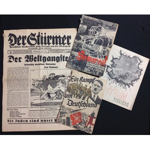 WW2 Third Reich paperwork collection to include four items: A rare copy of "Der Sturmer" newspaper nummer 23 Juni 1934: Magazine "Ein Kampf um Deutschland 1933": Magazine "Sturm Pioneer" Februar 1943: Illustrated WW1 photographic magazine "Vorwarts, Ein Bilderbuch von Wehrhaften Deutschland 1914 -18". (4)