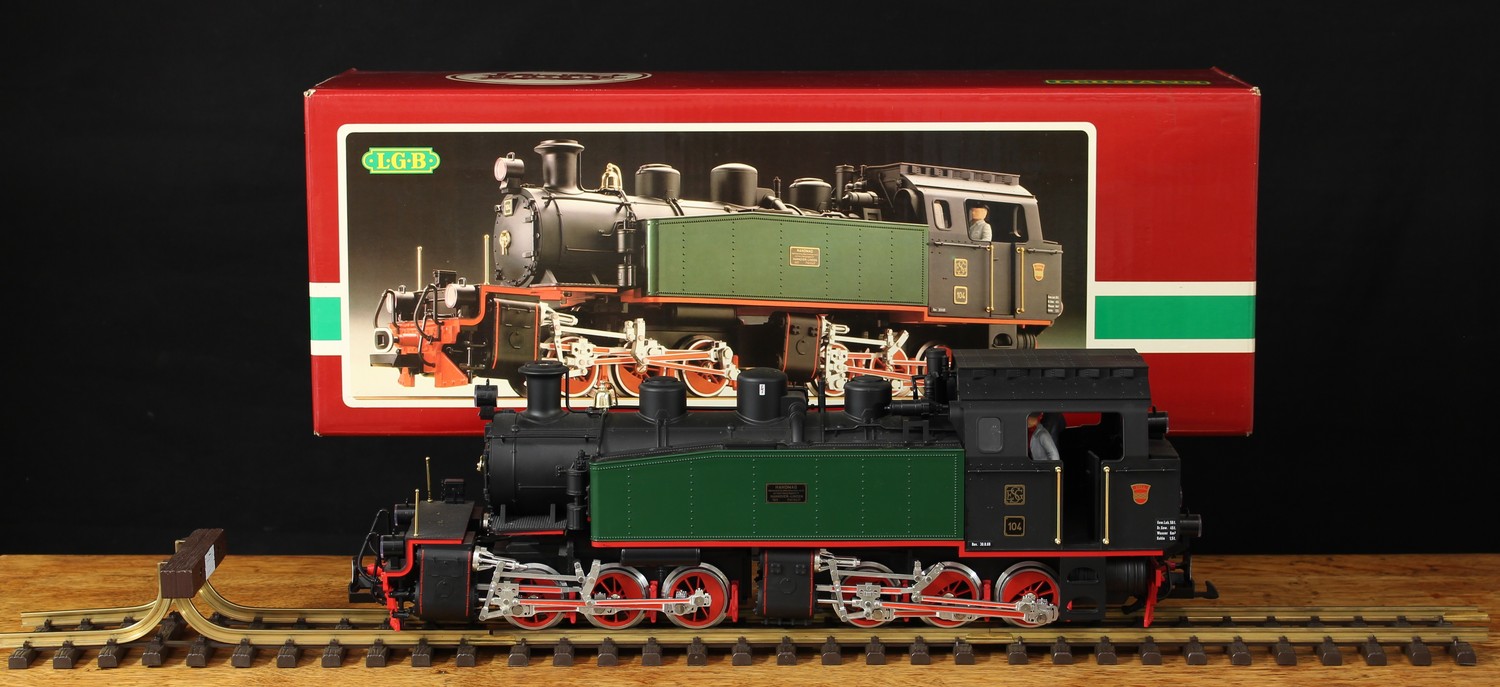 Lehmann (L.G.B. Lehmann-Gross-Bahn) 2085D G-Gauge 0-6-6-0 Mallet steam locomotive, green and black livery, No.104, boxed with plastic figures, original inner polystyrene packaging pieces; 20902 track, various pieces, window boxed (2)