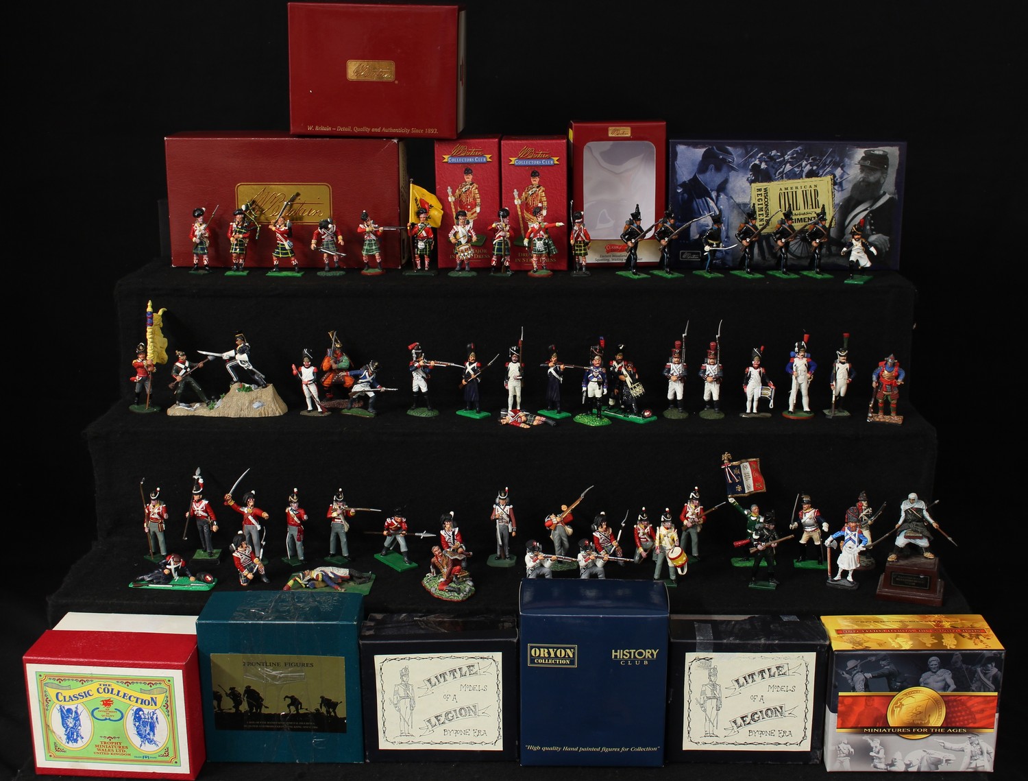 A collection of lead soldiers, various types and nationalities from various manufacturers including Little Legion, Rose Miniatures, TM, Frontline Figure (FF) and Britains; other empty boxes (quantity)