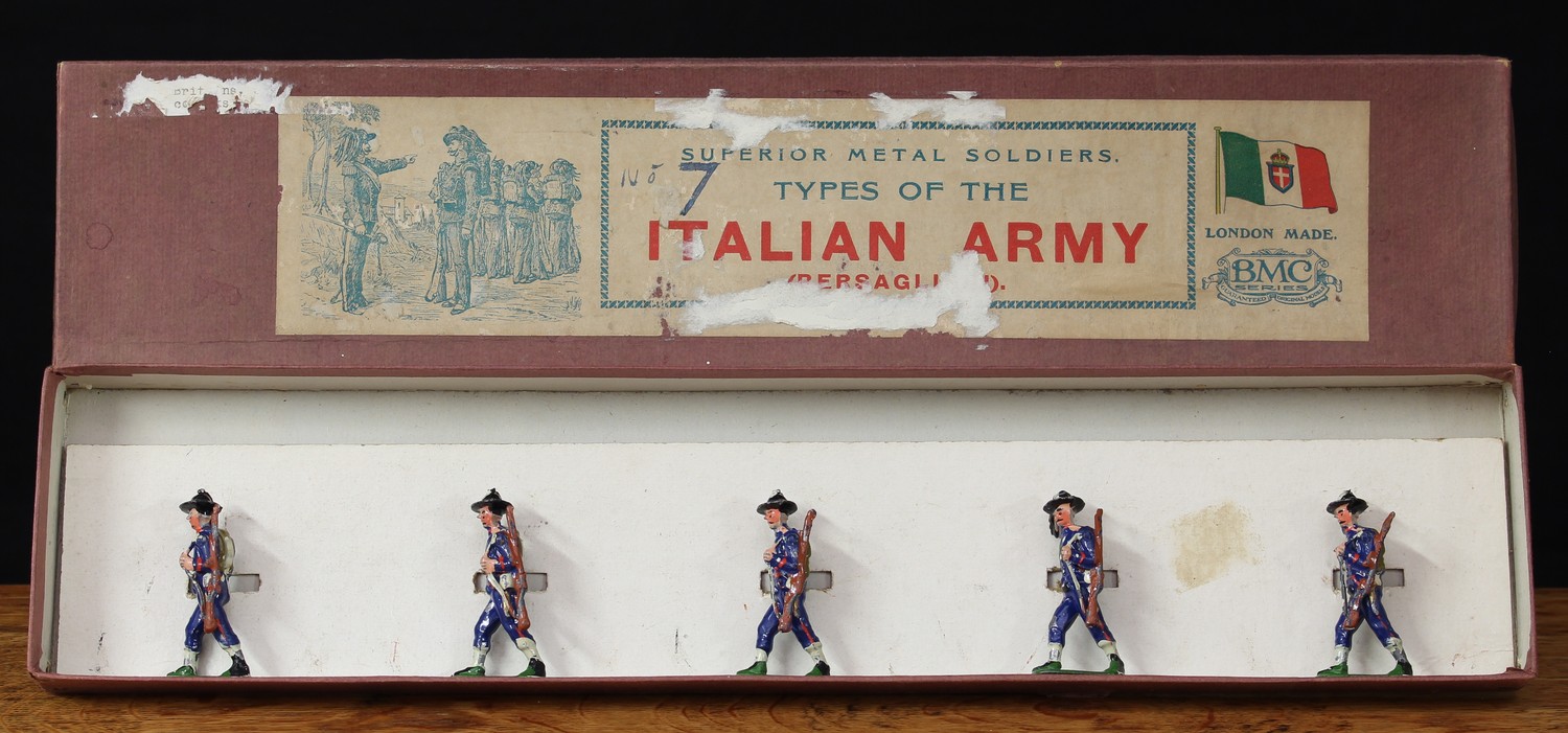 BMC Series (Britannia Model Co) Italian Army (Bersaglieri), comprising of five lead figures, each marching at the trail with movable arms, oval bases, boxed with illustrated paper label to box lid and inner cardboard display piece