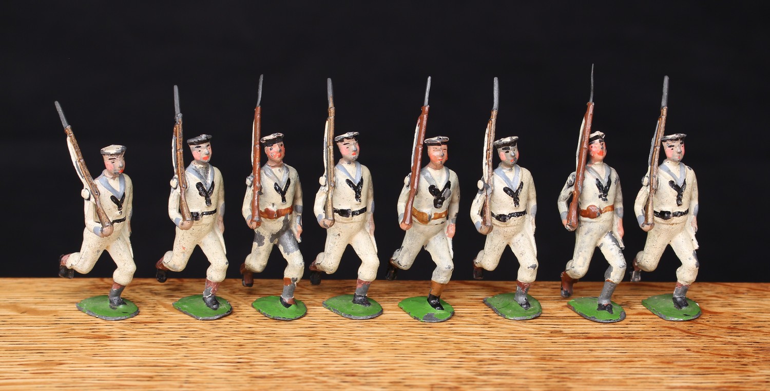 W Britain (Britains) No.80 White jackets of the Royal Navy, comprising eight sailor figures at the slope with rifles, movable arms, unmarked oval bases, unboxed (8)