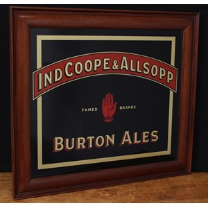 Advertising, Breweriana - Ind Coope & Allsopp rectangular reverse painted glass pub/brewery advertising sign, "IND COOPE & ALLSOPP, FAMED BRANDS, BURTON ALES", red and gold lettering on a black ground, framed with stamped mark to backing board 'THIS IS PROPERTY OF IND COOPE & ALLSOPP LTD', 57cm x 64cm (measurements including frame)