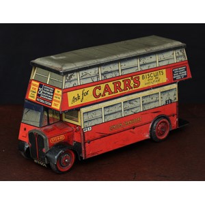 Advertising, Biscuits/Confection - A Chad Valley Carr's Biscuits tinplate novelty biscuit tin in the form of a double decker bus, lithographed in red and yellow with various advertising signs to sides, grey detachable roof, registration number 'AYV604', 26cm long