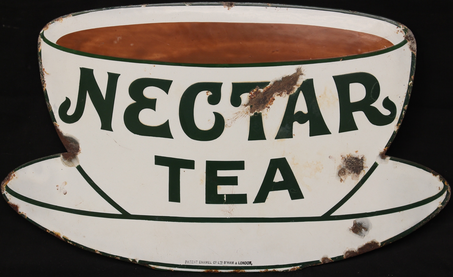 Advertising - a small sized Nectar Tea single sided enamel advertising sign, in the shape and form of a teacup and saucer, "NECTAR TEA" in green lettering, Patent Enamel Co Ltd Birmingham & London stamp mark, 32cm x 54cm