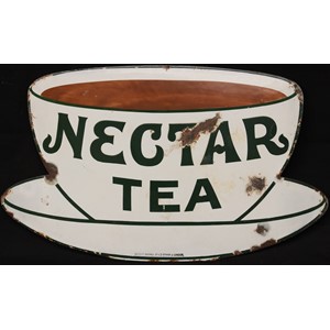 Advertising - a small sized Nectar Tea single sided enamel advertising sign, in the shape and form of a teacup and saucer, "NECTAR TEA" in green lettering, Patent Enamel Co Ltd Birmingham & London stamp mark, 32cm x 54cm