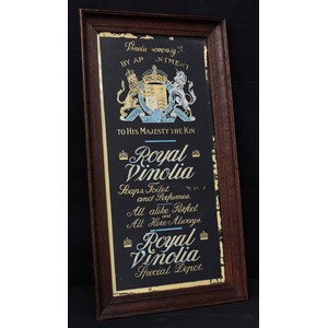 Advertising - an early 20th century Vinolia Soap rectangular reverse painted glass advertising sign, illustrated with Royal coat of arms, "Vinolia Company Ltd, BY APPOINTMENT TO HIS MAJESTY THE KING", gilt border, black velvet backing, oak framed, 51cm x 28.5cm (measurements including frame)