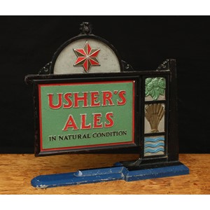 Advertising, Breweriana - a 1930's Usher's Ales (Trowbridge) painted cast alloy advertising sign, the border cast with hops, malted barley and water, "Usher's Ales In Natural Condition", 32cm high, 33.5cm wide, 9cm deep